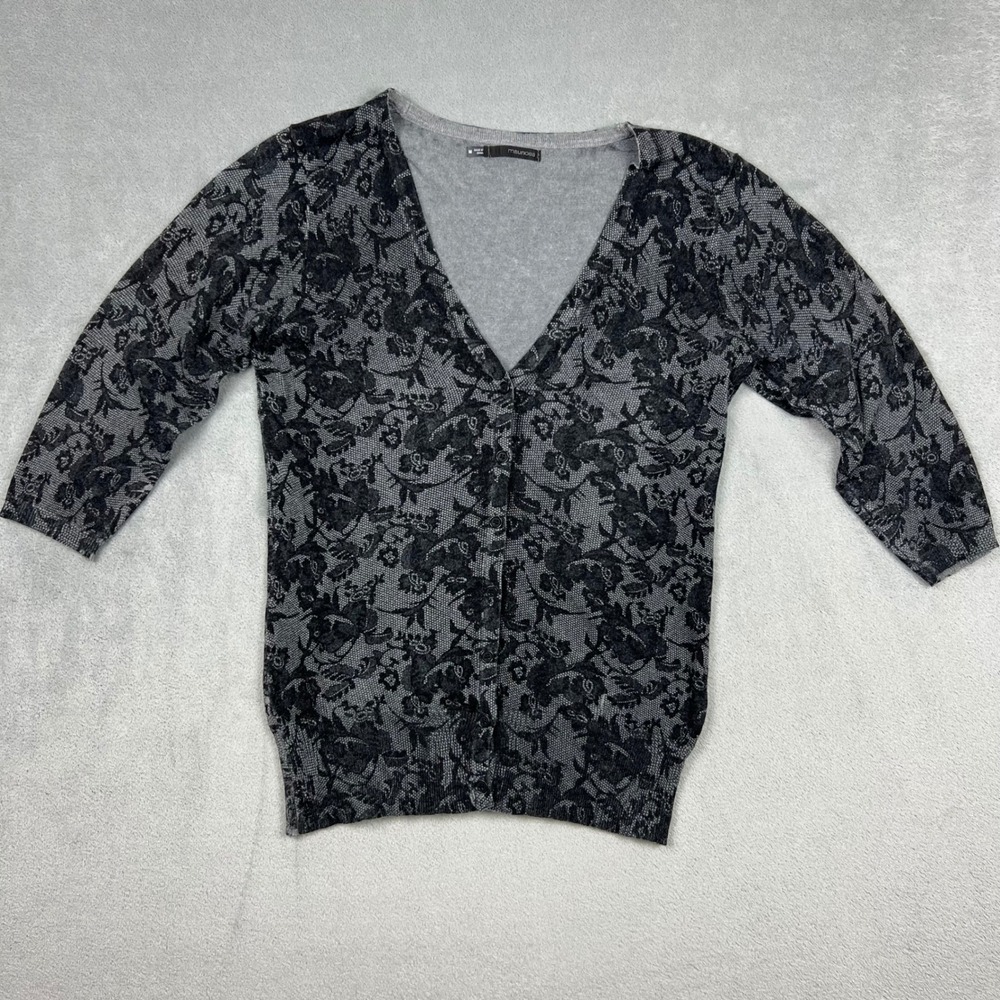Maurices Womens Grey Black Floral Lace Print V-Neck 3/4 Sleeve Cardigan Size M‎